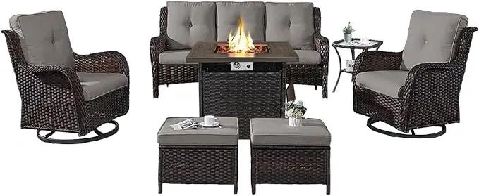 Outdoor Patio Furniture Set with Propane Fire Pit Table, 7 Pieces Wicker Patio Conversation Set with 2 Swivel Glider Rocker Chair Rattan Sofa Grey Cushion Perfect for Casual Gathering by GreenHaven Gardens