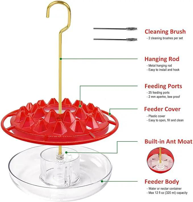 Hummingbird Feeders for Outdoors Hanging - 25 Feeding Ports 10 oz Plastic Hummingbird Feeder, Bee-Proof Leak-Proof No Drip, Easy to Clean with Cleaning Brushes by GreenHaven Gardens