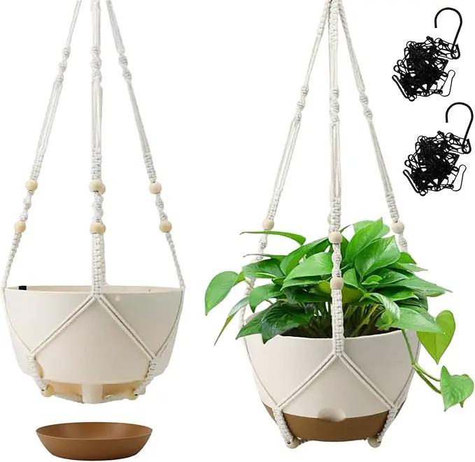 Hanging Planter Self Watering 10 Inch, 2 Pack Indoor Outdoor Hanging Baskets, Hanging Flower Pots with Drainage Hole & 2 Kinds of Plant Hangers for Garden Home Decor(Cream)… by GreenHaven Gardens