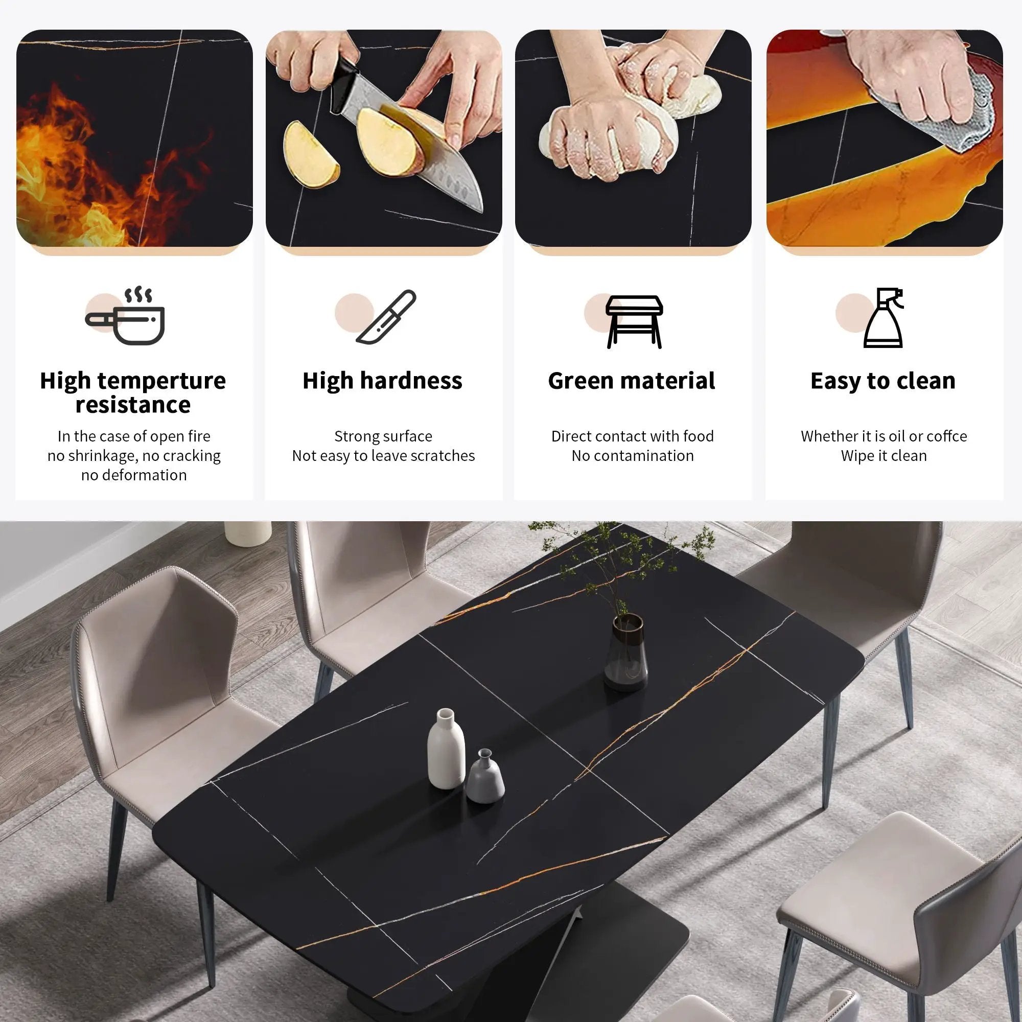 63" Artificial Stone Black Curved Black Metal Leg Dining Table - Black by HouseOfZazla
