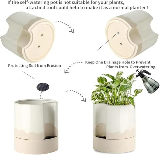 Nihow Self Watering Plant Pot: 8 Inch Ceramic Planter with Drainage Hole & Water Storage Plus for Indoor & Outdoor Plants - Cylinder Round Flower Pot for Succulent/Herbs/Violets - White & Wave Nature by GreenHaven Gardens