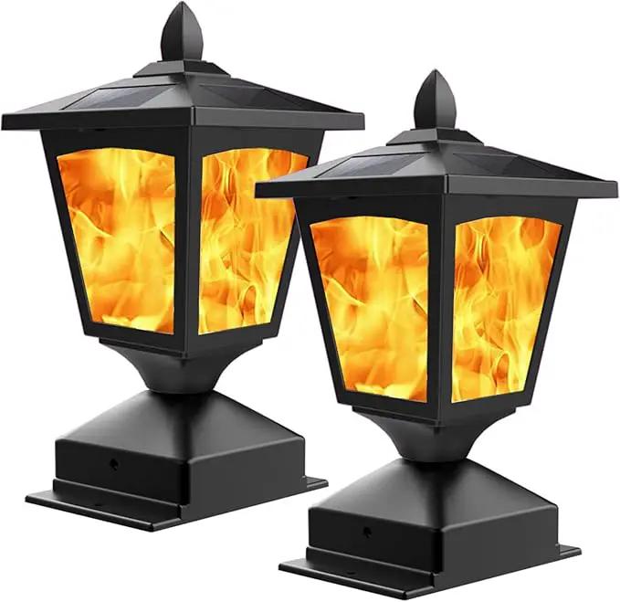 Solar Post Flame Light, Outdoor Deck Fence Post Cap Top LED Light wih Flickering Flame, Waterproof, 4x4 5x5 6x6, Outdoor Garden Firefly String Lights, 30 Leds, (Pack of 2) by GreenHaven Gardens