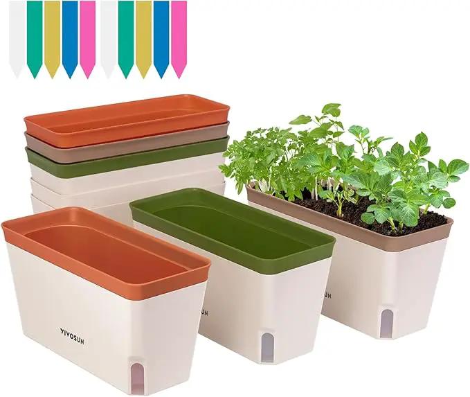VIVOSUN Self-Watering Planters, 6-Pack 10.5 Inch Compact Rectangular Window Herb Planter Box with 10 PCS Plant Labels, Plant Container for Basil, Flowers, Succulents, Indoor & Outdoor by GreenHaven Gardens