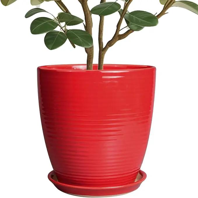 Ceramic Planter 10 Inch - Ceramic Pot for Plants Large Plant Pot Indoor with Drainage Hole and Saucer Round Outdoor Planter Modern Flower Pot for Garden House Red by GreenHaven Gardens