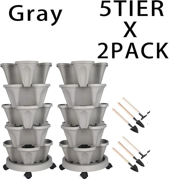 Vertical Planter 5 Tier Stackable Planters Garden Planters Strawberry Herb Flower and Vegetable Planter Indoor Outdoor Gardening Pots with Removable Wheels and Tools 2-Pack by GreenHaven Gardens