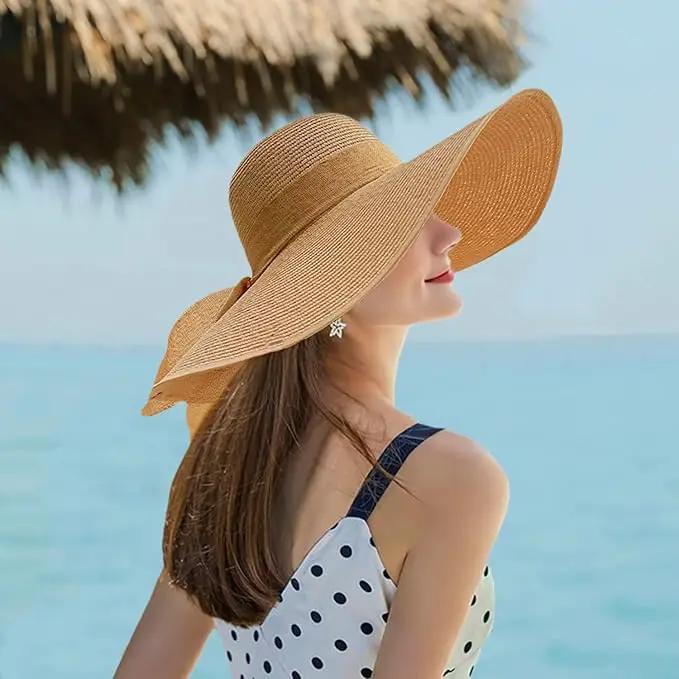 Floppy Big Beach Straw Hats for Women Foldable Summer Wide Brim Packable Sun Hat Womens Travel Straw Fedora Hat by GreenHaven Gardens