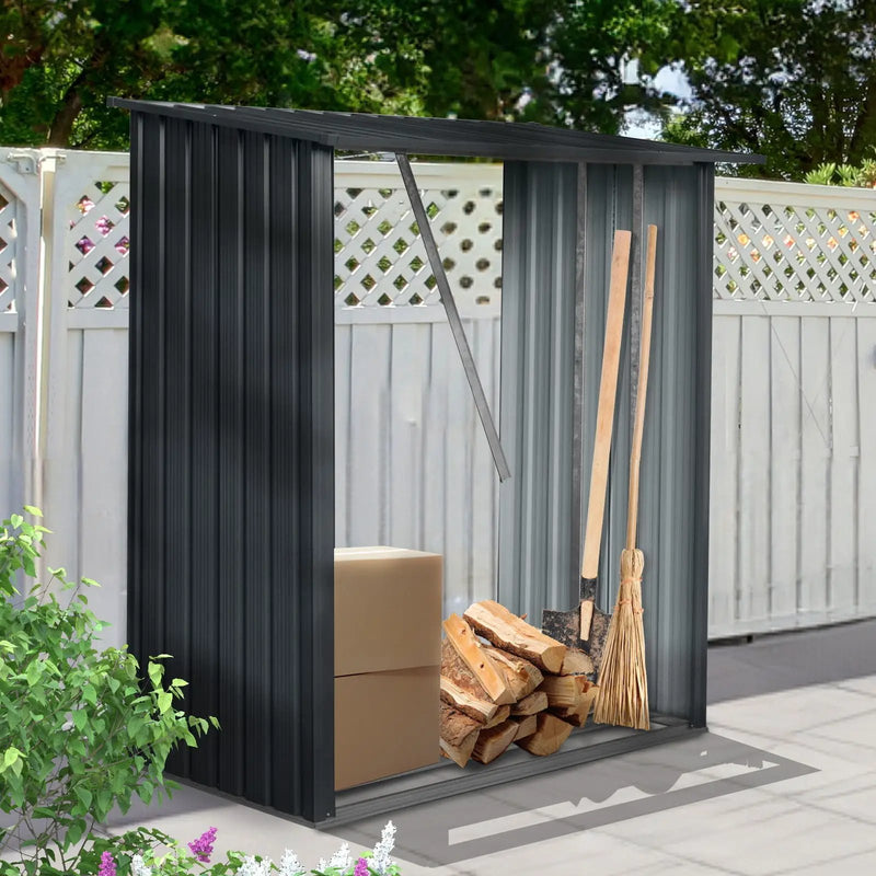 Outdoor Meta Firewood Rack, Open Wood Shed For Firewood, Pellet, Or Lumber Storage - Black by HouseOfZazla