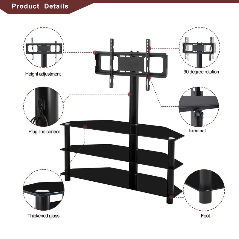 43.3" Multi-Function TV Stand Height Adjustable Bracket Swivel 3 Tier - Black by Unique Piece Furniture