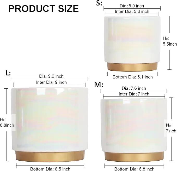 Gepege White Indoor Pots for Plants, Ceramic Planter with Drainage Hole, 9.6inch+7.6Inch+6Inch. Succulent Orchid Flower Pot - Rainbow Pearl Glaze by GreenHaven Gardens