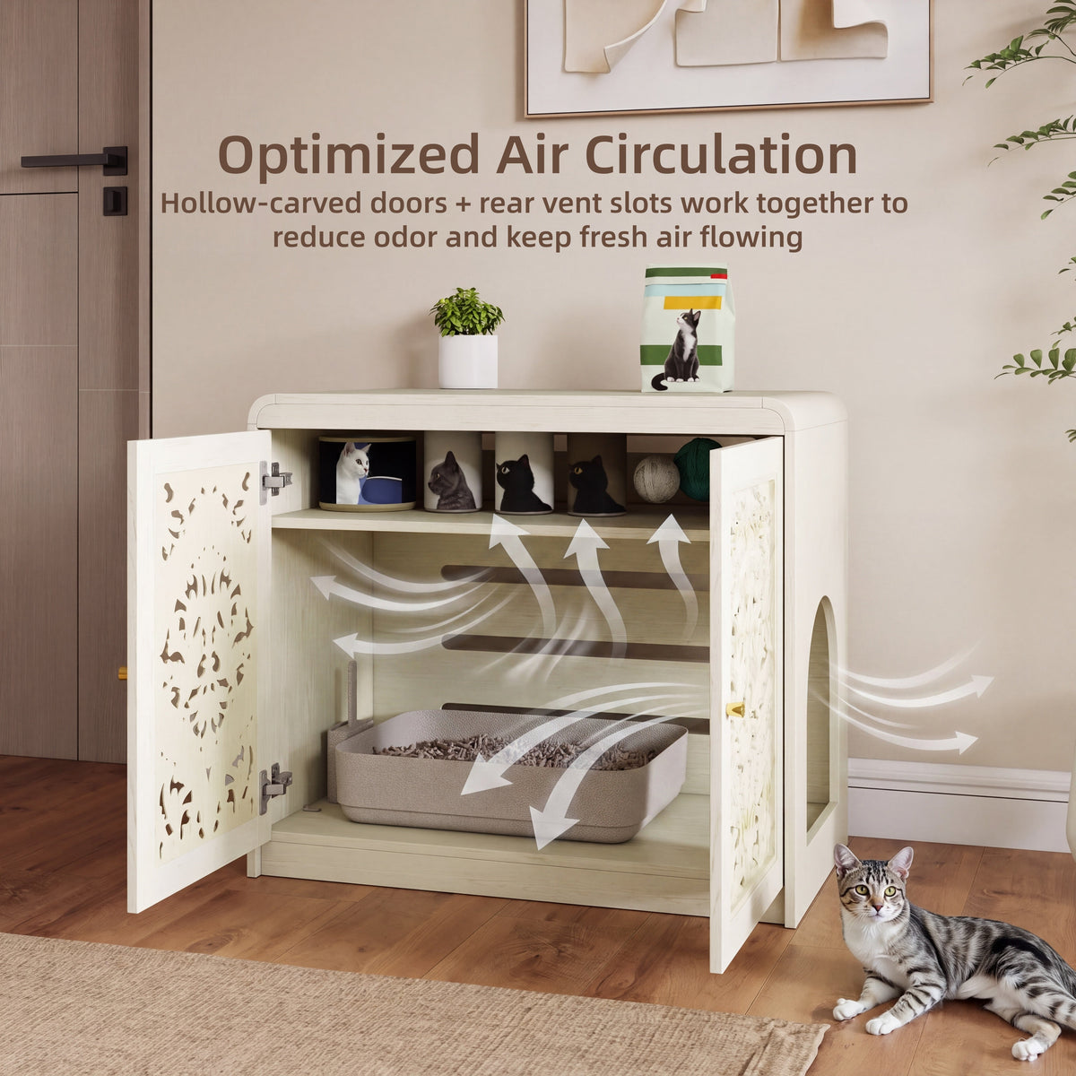 Antique White Pet Litter Box Cabinet with Ventilation - Engineered Wood, photo 10 of 10