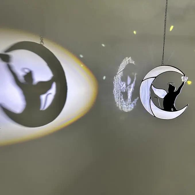Stained Glass Suncatcher: Angel-Winged Cat Catching Butterfly on Moon - Memorial Gift for Cat Loss by GreenHaven Gardens
