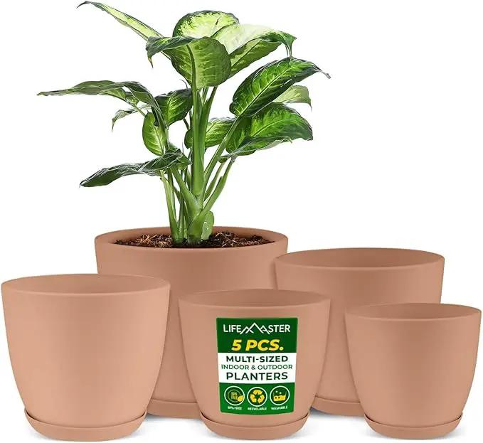 Planter Pots with Drainage Holes - Lightweight, Durable, and Space-Saving Pots for Indoor and Outdoor - Versatile Functionality, Simple Modern Design, Set of 5 Plastic Planter Pots - Pink by GreenHaven Gardens