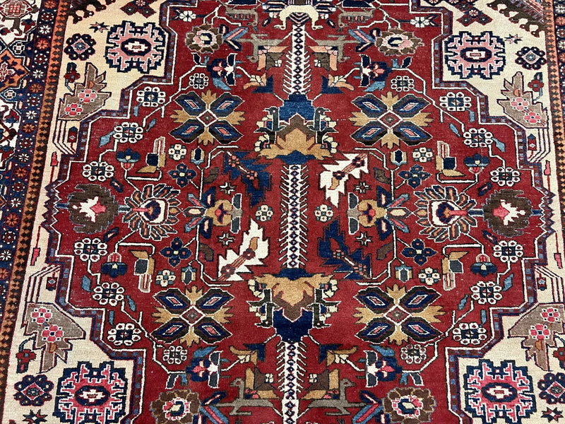 Antique Persian Heriz Rug 8x12 ft, Geometric Tribal Room Sized Carpet, Camel Hair Red Navy Blue, Wool Hand Knotted Medallion Oriental Carpet by Jewel Rugs