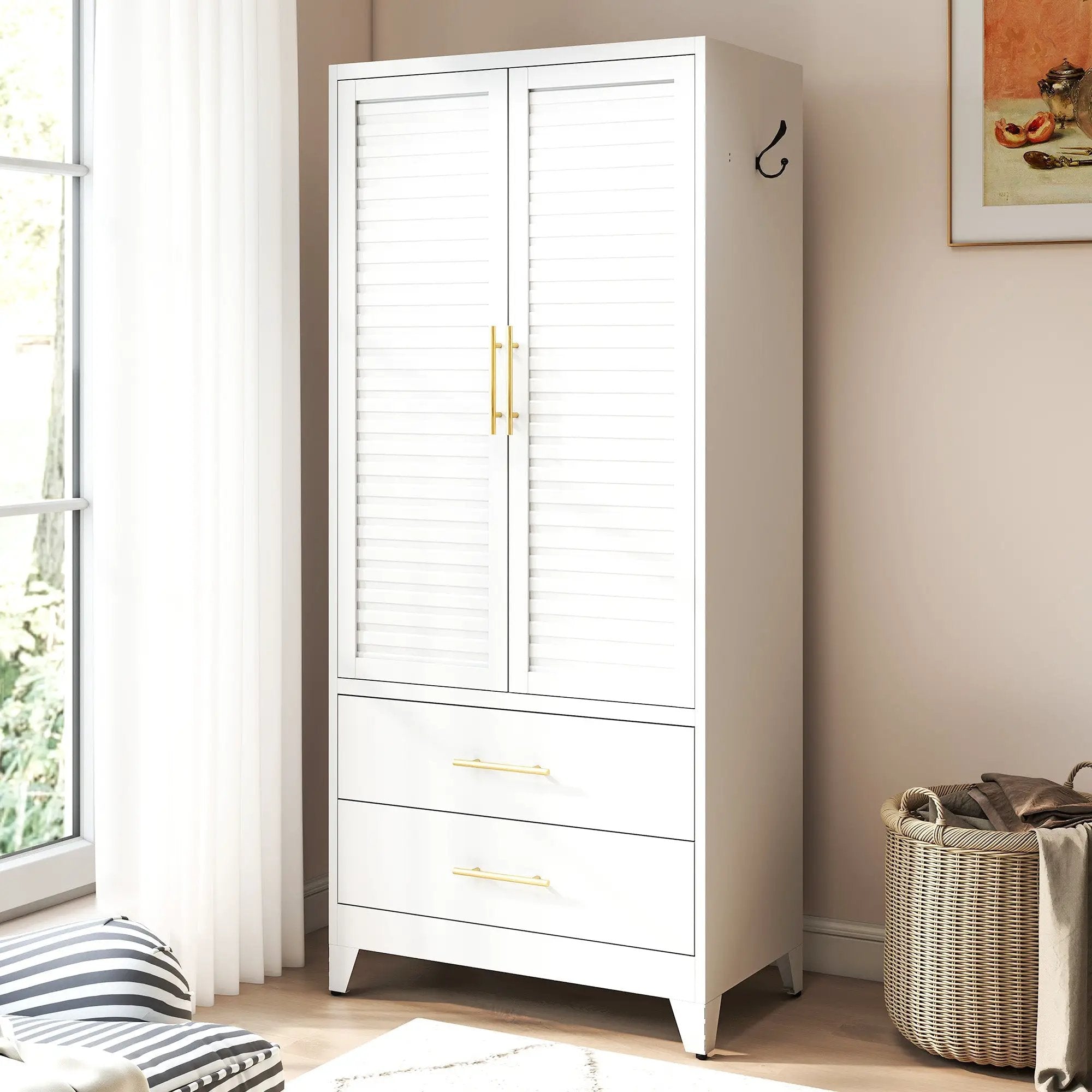 White Metal Wardrobe Closet with 2 Doors and Drawers by HouseOfZazla