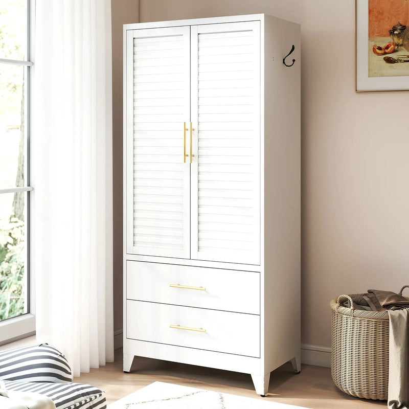 White Metal Wardrobe Closet with 2 Doors and Drawers by HouseOfZazla