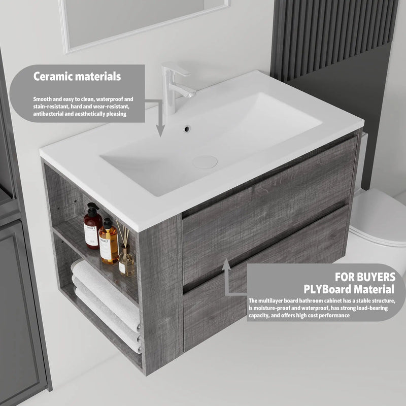 36 Inch Floating Bathroom Vanity with Sink, Soft-Close Door, Ceramic Sink, Plywood by HouseOfZazla