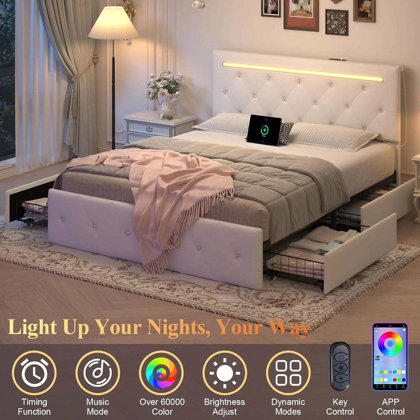 Upholstered Bed Frame With LED Lights, 4 Storage Drawers, Charging Station by HouseOfZazla