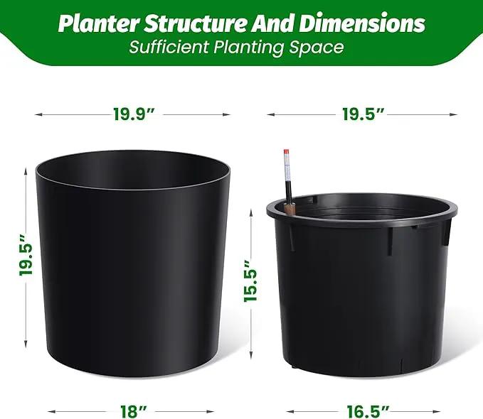 Tall Round Planter Set of 2, 19.5‘’ H x 19.9" Dia Large Planters for Indoor Plants with Built-in Drainage and a Water Level Monitor and Wheels for Patio, Porch, Living Room, or Home Office, Black by GreenHaven Gardens