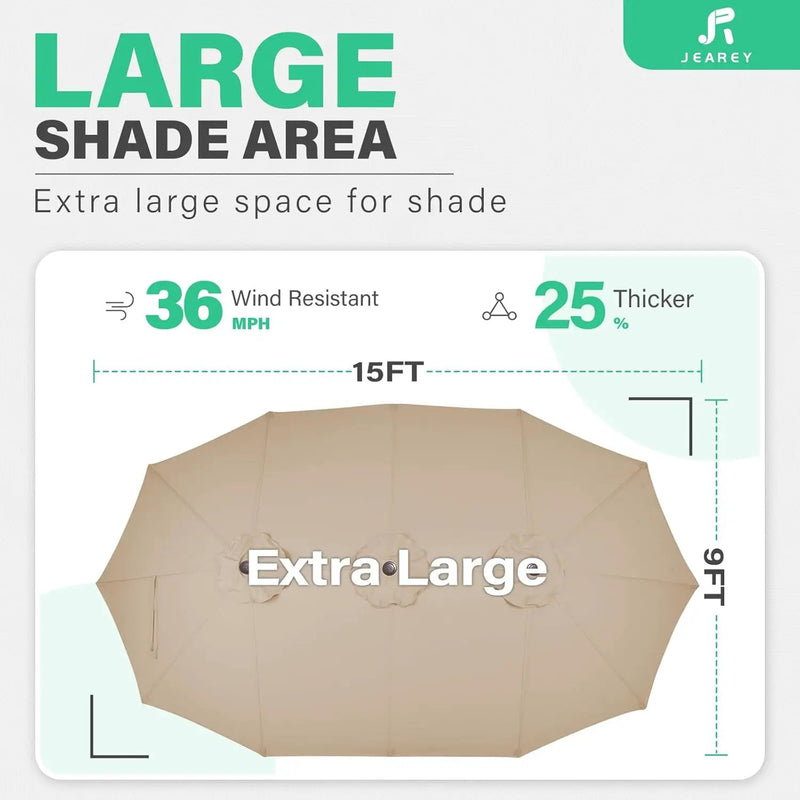 JEAREY 15FT Patio Umbrella Large Outdoor Umbrella Extra Double-Sided Market Umbrella with Crank Handle for Garden, Deck, Backyard and Pool, Beige by GreenHaven Gardens