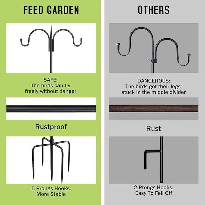 FEED GARDEN Adjustable Double Shepherds Hook for Outdoor with 5 Prong Base 63 Inch Heavy Duty Two Sided Bird Feeder Pole for Hanging Plant Baskets, Solar Light Lanterns, Wind Chimes 2 Pack by GreenHaven Gardens
