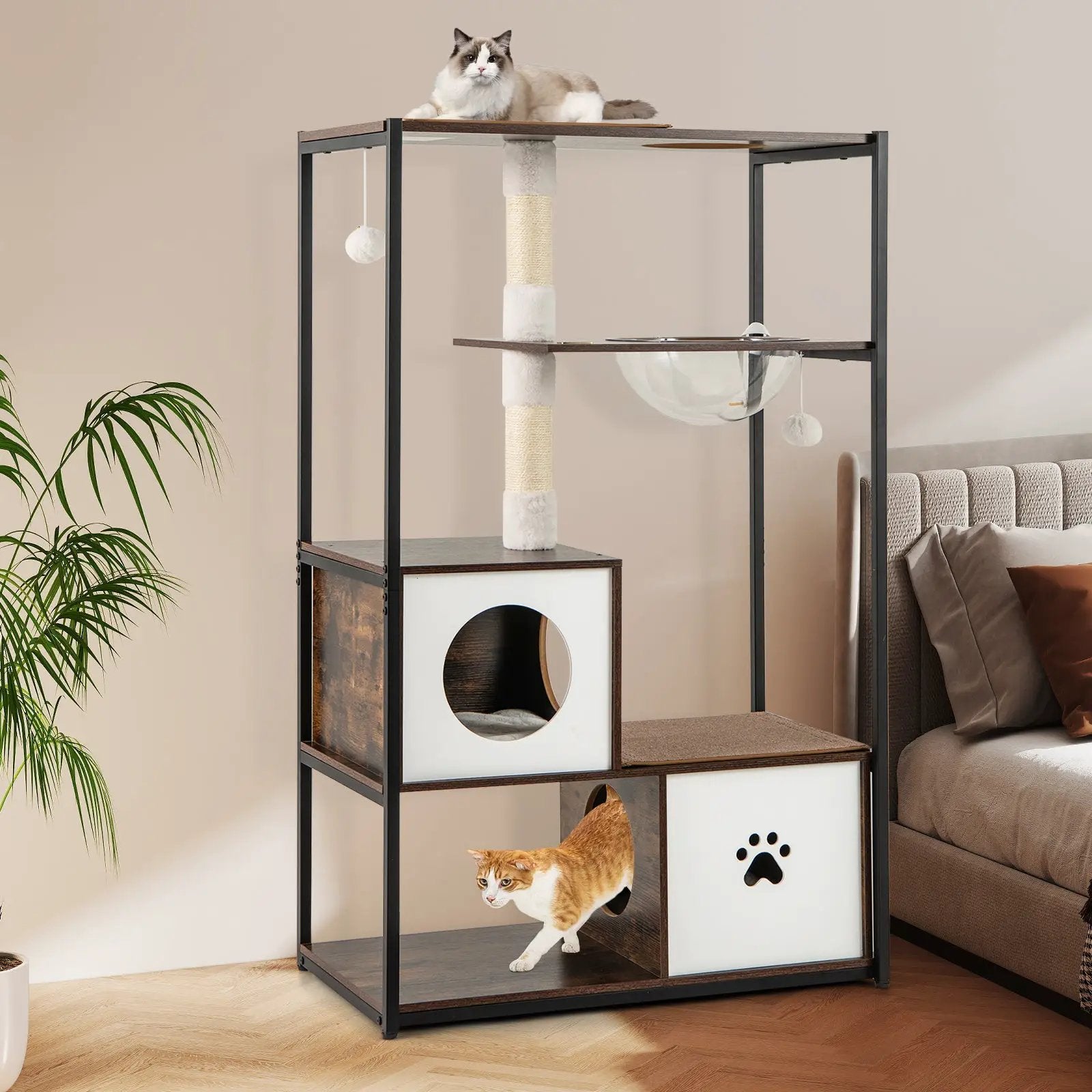 52 Inch Tall Wooden Cat Tree Metal Frame with 2 Condos and Cushions-Coffee by DirectDeals