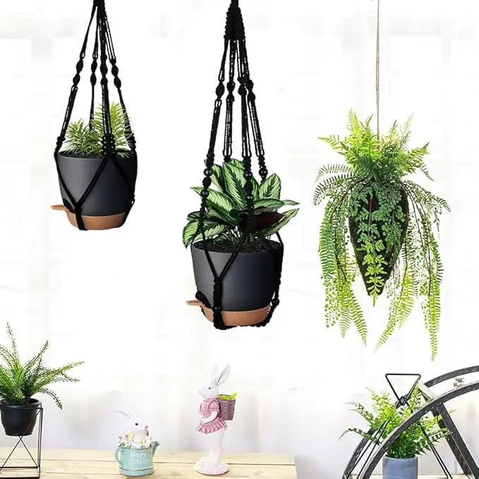 3 Pack Self Watering Hanging Planters Macrame Plant Hangers with Indoor Flower Pots, 3 Different Size Hanging Basket, Plant Hanger with Hooks for Garden Home Decor Black by GreenHaven Gardens