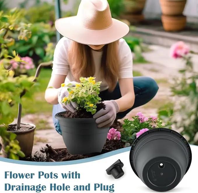 11 Inch Plant Pots, 3 Pack Planters for Indoor Ourdoor Plants, Round Plastic Flower Pots, Large Planters with Drainage Hole and Plug, Gray by GreenHaven Gardens
