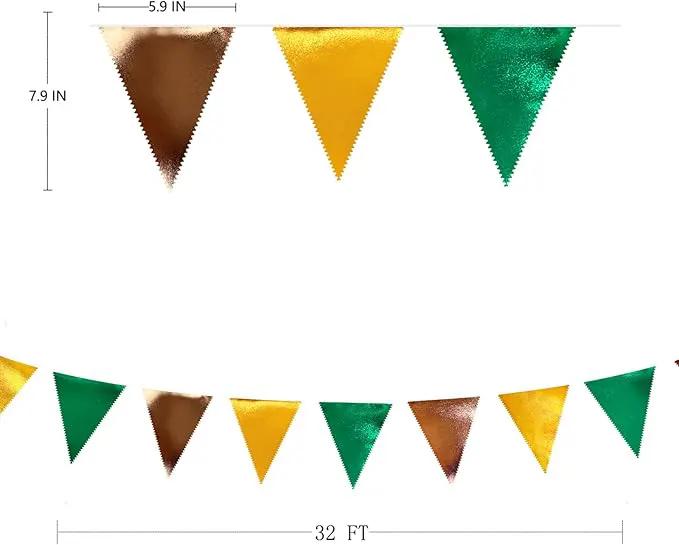 Green Gold Brown Metallic Fabric Triangle Pennant Banner Flag Bunting Garland for Football Jungle Safari Wild Woodland Birthday Baby Shower Wedding Bachelorette Graduations Party Decorations Supplies by GreenHaven Gardens