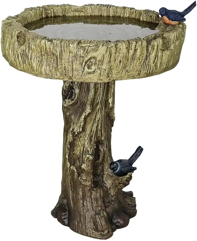 SunJet 24.4 Inch Heigh Wood-Look Concrete Bird Bath with Decorative Faux Bird – birdbath Rustic & Long-Lasting Design, Enhances Garden, Patio, Yard, Lawn Décor by GreenHaven Gardens