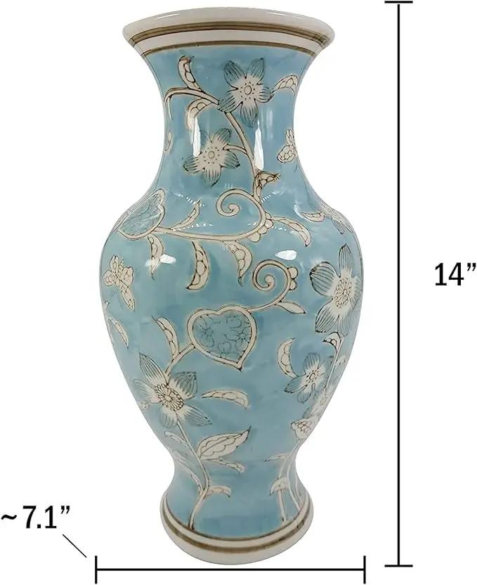 Galt International Light Blue and White Flower & Heart Chinoiserie Ceramic Vase 14"- Hand Painted Antique Style Porcelain Flower Bottle Fishtail Porcelain Chinese Vase for Home Decor Centerpiece by GreenHaven Gardens