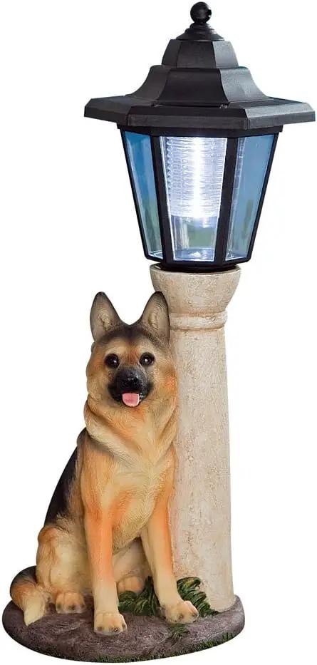 Bits and Pieces-Solar Shepherd Lantern-Solar Powered Garden Lantern - Resin Dog Sculpture with LED Light by GreenHaven Gardens