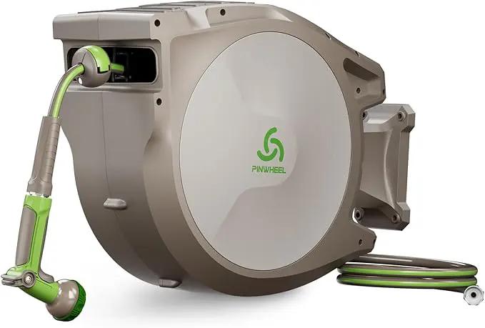 PINWHEEL 5/8in 100FT Retractable Garden Hose Reel, Automatic Retractable Hose with 10-Pattern Spray Nozzle, 180° Swivel Bracket, 3-Layer PVC Durable Water Hose for Yard Lawn Care (100 FT) by GreenHaven Gardens