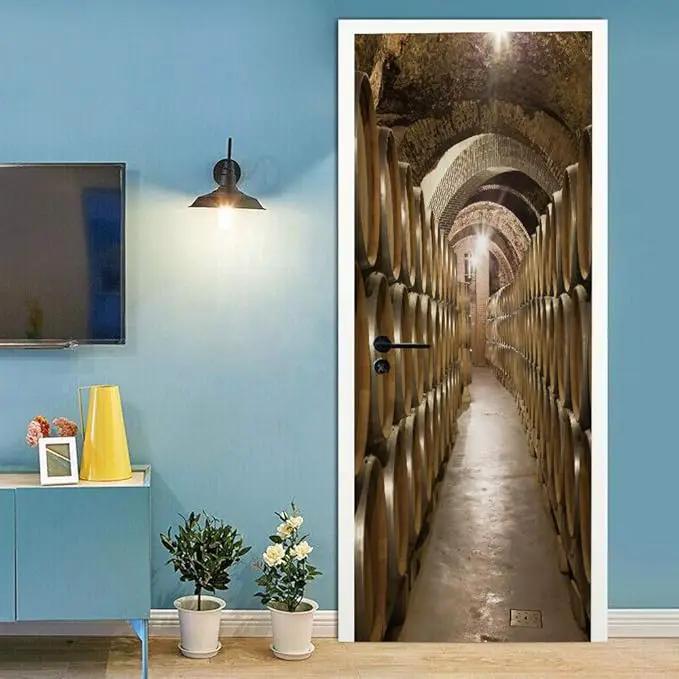 3D Door Stickers Murals - Peel and Stick Wine Cellar Theme - Removable PVC Waterproof Door Poster for Bedroom & Living Room - 34.6" x 78.7" by GreenHaven Gardens