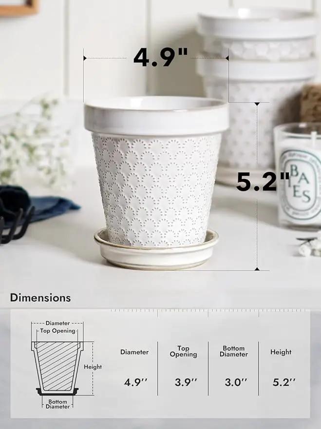 LE TAUCI Ceramic Plant Pots, 4.9 Inch Flower Pots with Drainage Hole & Saucer, Embossed Planter Pots for Indoor Plant Succulent, Orchid, Cactus, Home Decor - Set of 4, Arctic White by GreenHaven Gardens