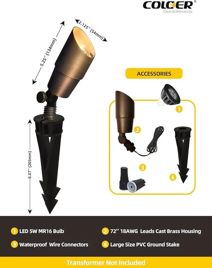 COLOER Die-cast Brass Low Voltage Spotlight 1-Pack with 5W Aluminum Housing MR16 LED Bulb 2700K 450LM CRI85+,12V AC/DC Outdoor Landscape Lighting, Directional Garden Patio Spot Up Light(101B) by GreenHaven Gardens