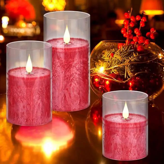Flameless Flickering Remote Control Candle, Glass Pillar Candle,3 Pack (D:3"×H:4" 5" 6") LED 3D Flame Romantic Candle,Battery Operated Real Wax, Ideal for Wedding, Home Decor Holiday (Red) by GreenHaven Gardens