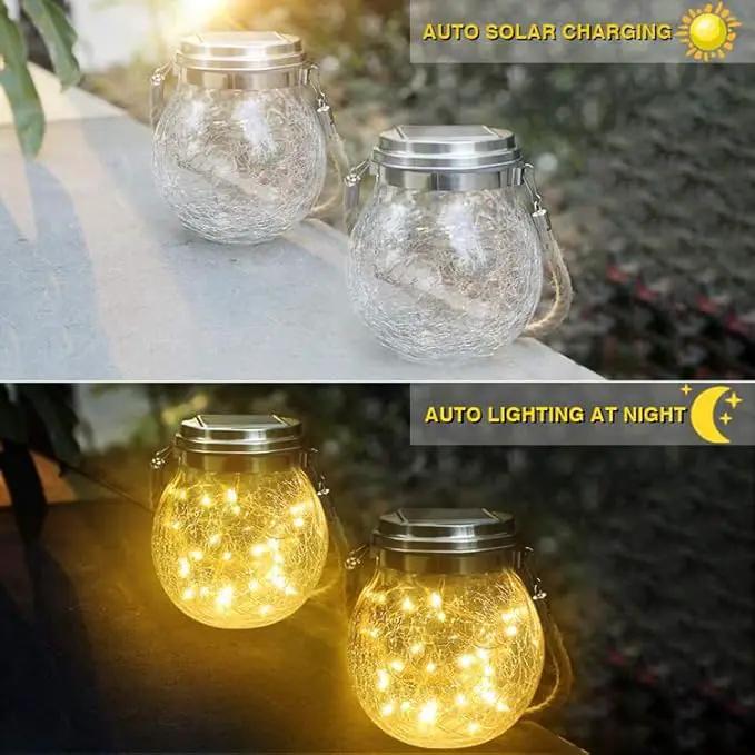 Solar Crackle Glass Hanging Lanterns, 5.5 in Height, IP65 Waterproof, 30 LED Lights, 2-Pack, Warm White by GreenHaven Gardens