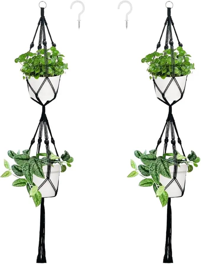 Belit 2 Pack Double Macrame Plant Hangers 2 Tier Hanging Planter Basket Decorative Flower Pot Holder Rope for Indoor Outdoor Home Decor 51 Inch, Black by GreenHaven Gardens