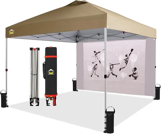 CROWN SHADES 10x10 Pop Up Canopy Tent with Game Netting - Beach Tent with One Push Setup - Outdoor Sun Shade for Events, Parties, Camping with STO-N-Go Cover Bag, Silver Coated Top, Khaki by GreenHaven Gardens