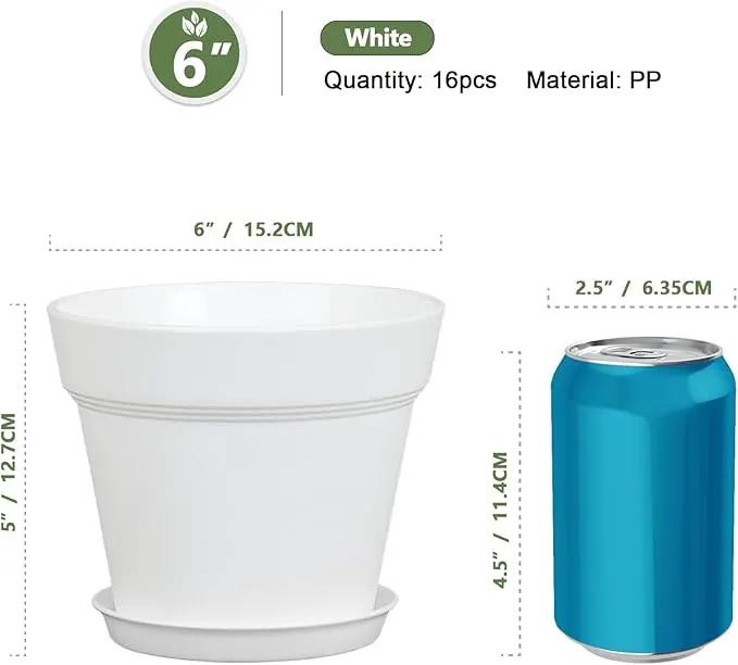 6 inch Small Plastic Nursery Pots, Seedling Pots, 16 Pack Plant Pots for Indoor Outdoor Plants, Flower Pots with Drainage Holes and Saucers, Decorative Planters for House Plants, White by GreenHaven Gardens