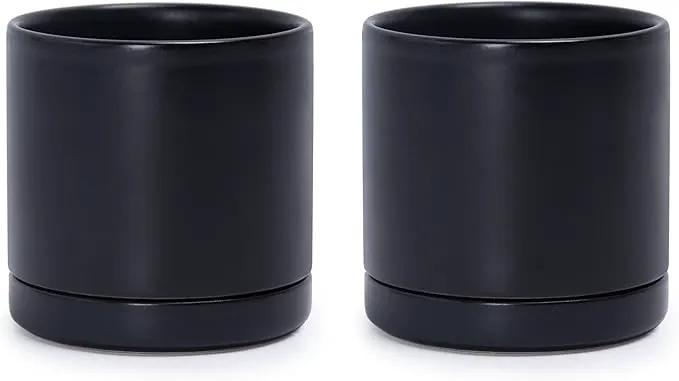 D'vine Dev Set of 2 Plants Pots, 3.5 Inch Ceramic Planter Pot for Plants with Drainage Hole and Saucer, Black, 94-V-A-2 by GreenHaven Gardens