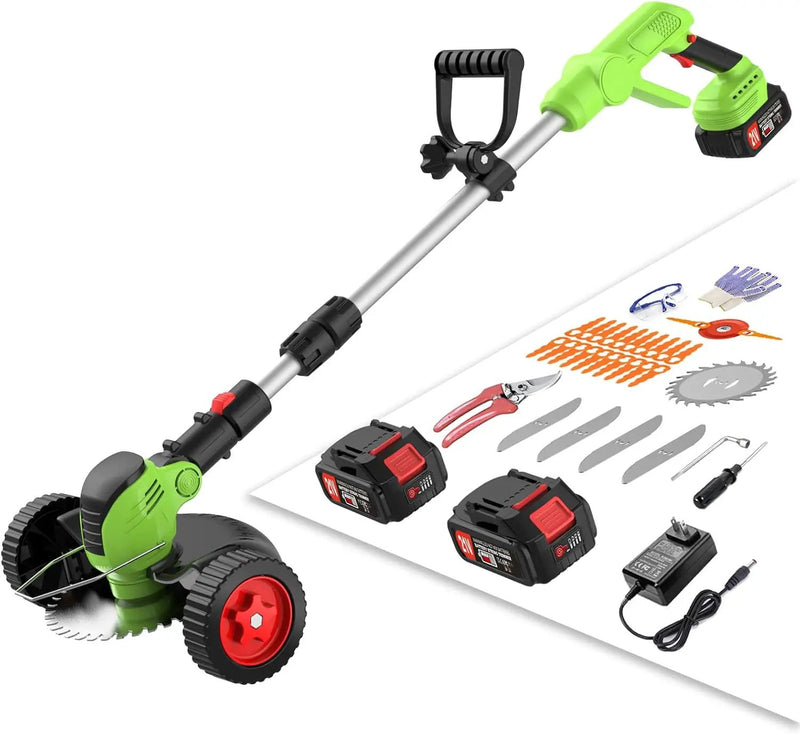 Cordless Electric Weed Wacker Battery Powered, 21v Lightweight Weed Trimmer Eater With 2 4.0Ah Battery Operated & Charger & Wheels & Shears, 3 In1 Grass Trimmer/Brush Cutter/Lawn Edger for Yard Garden by GreenHaven Gardens