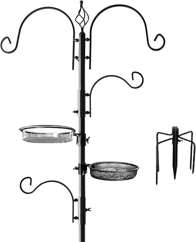 Ashman Deluxe Bird Feeding Station (1 Pack) Bird Feeders for Outside - Multi Feeder Pole Stand Kit with 4 Hangers, Bird Bath and 3 Prong Base for Attracting Wild Birds - 22 Inch Wide x 92 Inch Tall. by GreenHaven Gardens
