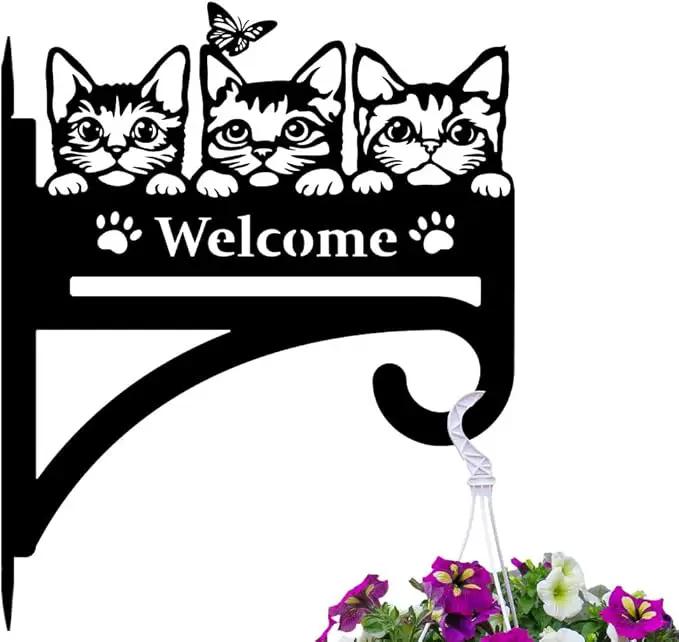 peacoblue Iron Plant Hangers Hooks Cat with Welcome for Outdoor Indoor Hanging Plants Flower Fern Pots Lantern Bird Feeder, 12"x15" Weather Resistant Metal Wall Holder for Porch Garden Farmhouse by GreenHaven Gardens