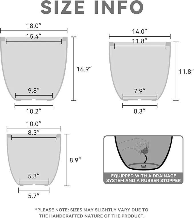 Kante 18",14",10" Dia Concrete Round Planters (Set of 3), Outdoor Indoor Large Planter Pots with Drainage Hole and Rubber Plug for Home Patio Garden, Black by GreenHaven Gardens