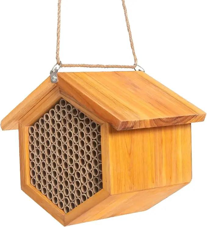 Mason Bee House Wax Coated Bee Hotel, Pollinator House Waterproof, Natural Handmade Wooden Mason Bee Hotel for Pollinating Bees Garden Supplies by GreenHaven Gardens
