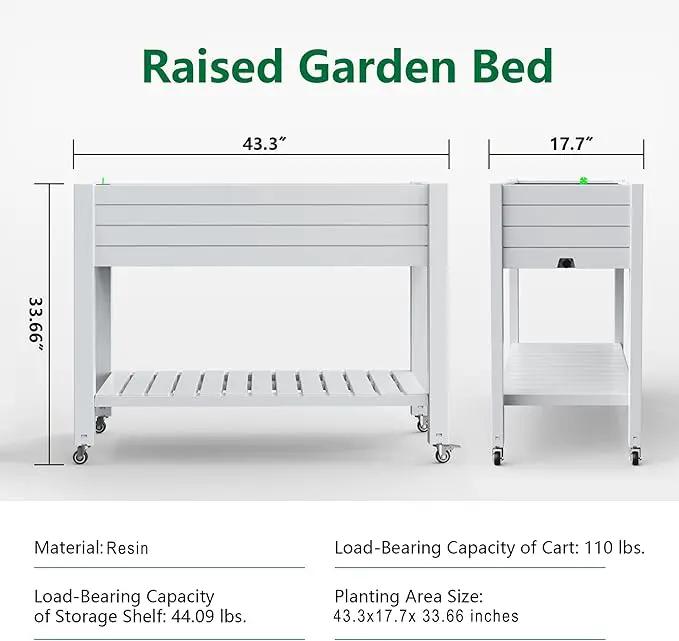 Elevated Horticulture Raised Garden Bed with Legs, Divisible Raised Resin Planter Box for Backyard, Patio, Balcony, with 4 Legs, 4 Swivel Lockable Wheels, and Storage Shelf,Ashen by GreenHaven Gardens
