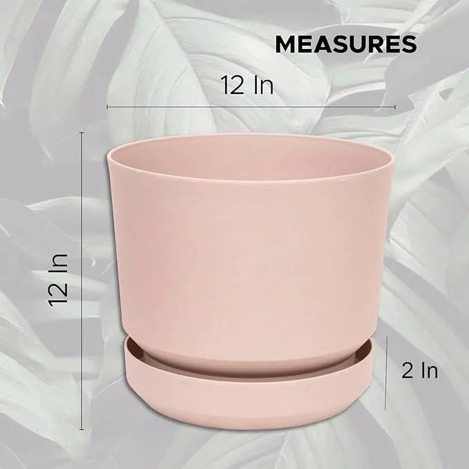 Elly Décor 12 inch Plastic Cylinder Planter Pot with Self-Watering Saucer and Drainage Hole,Lightweight & Extremely Durable, 12"x 12", Ivory by GreenHaven Gardens