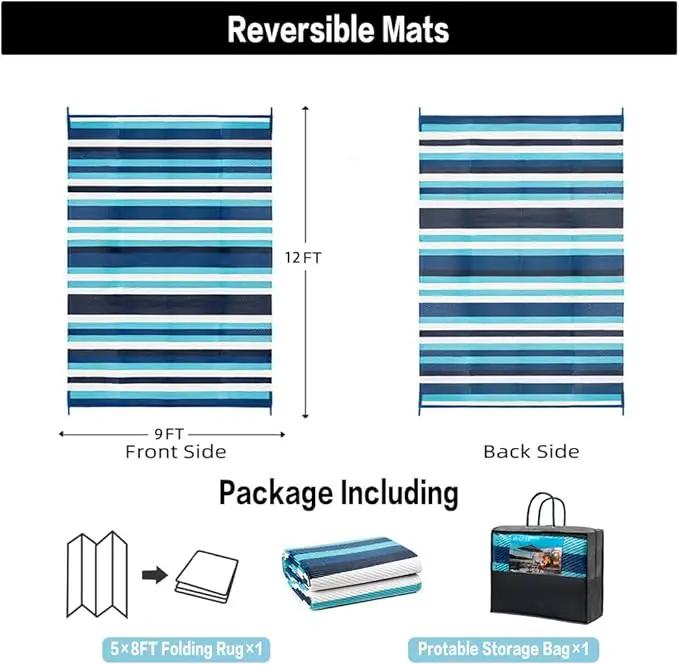 Outdoor Waterproof Rug 9'x12' Plastic Straw Rugs Washable Reversible Floor Mat Blue Stripe Carpet for Camping RV Deck Entryance Porch Picnic Balcony Beach Backyard by GreenHaven Gardens