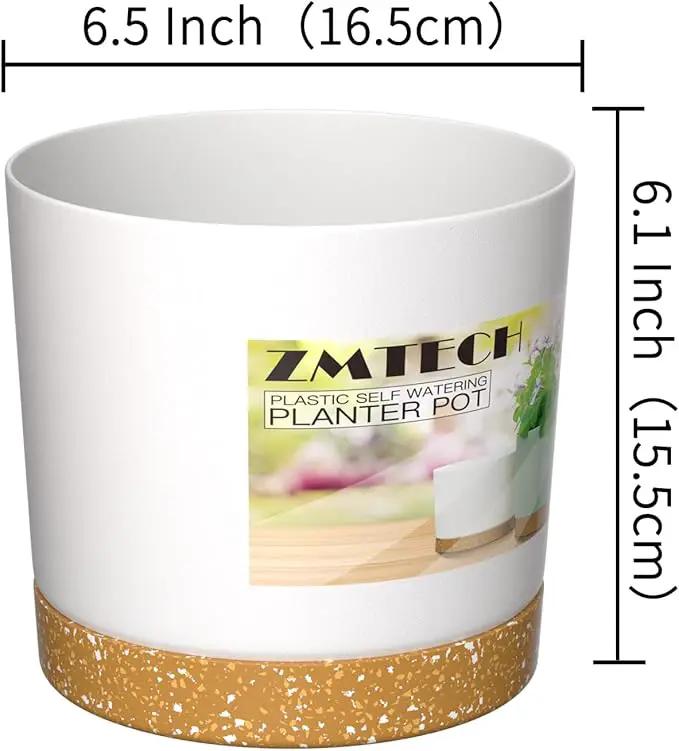 ZMTECH Plant Pots, Set of 6 6.5'' Self Watering Plastic Planter with Drainage Hole and Saucer,Modern Decorative Flower Pot for Indoor Outdoor House Plants, Succulents, Flowers - White by GreenHaven Gardens
